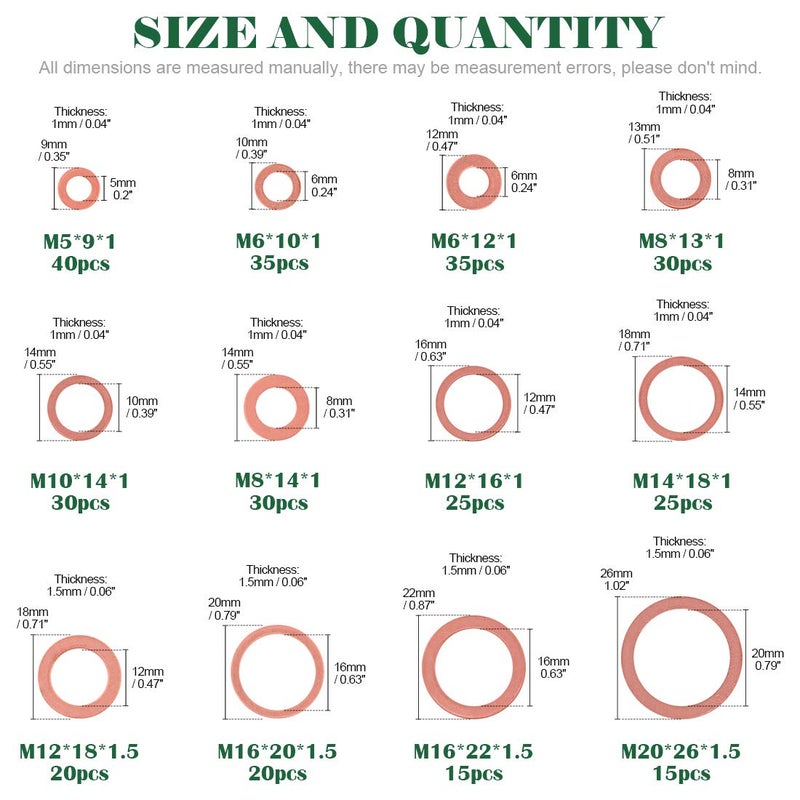 Keadic 320Pcs Copper Washers, 12 Sizes Copper Crush Washer, Coppers Sealing Washers Flat Ring Sump Plug Oil Seal Gasket Flat Washers Assortment Kit for Automotive M6 M8 M10 M12 M14 M16 M18 M20 - Image 2